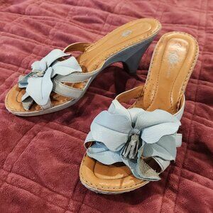 Born BOC Leather Floral Slides - Light Blue - Women's Size 10